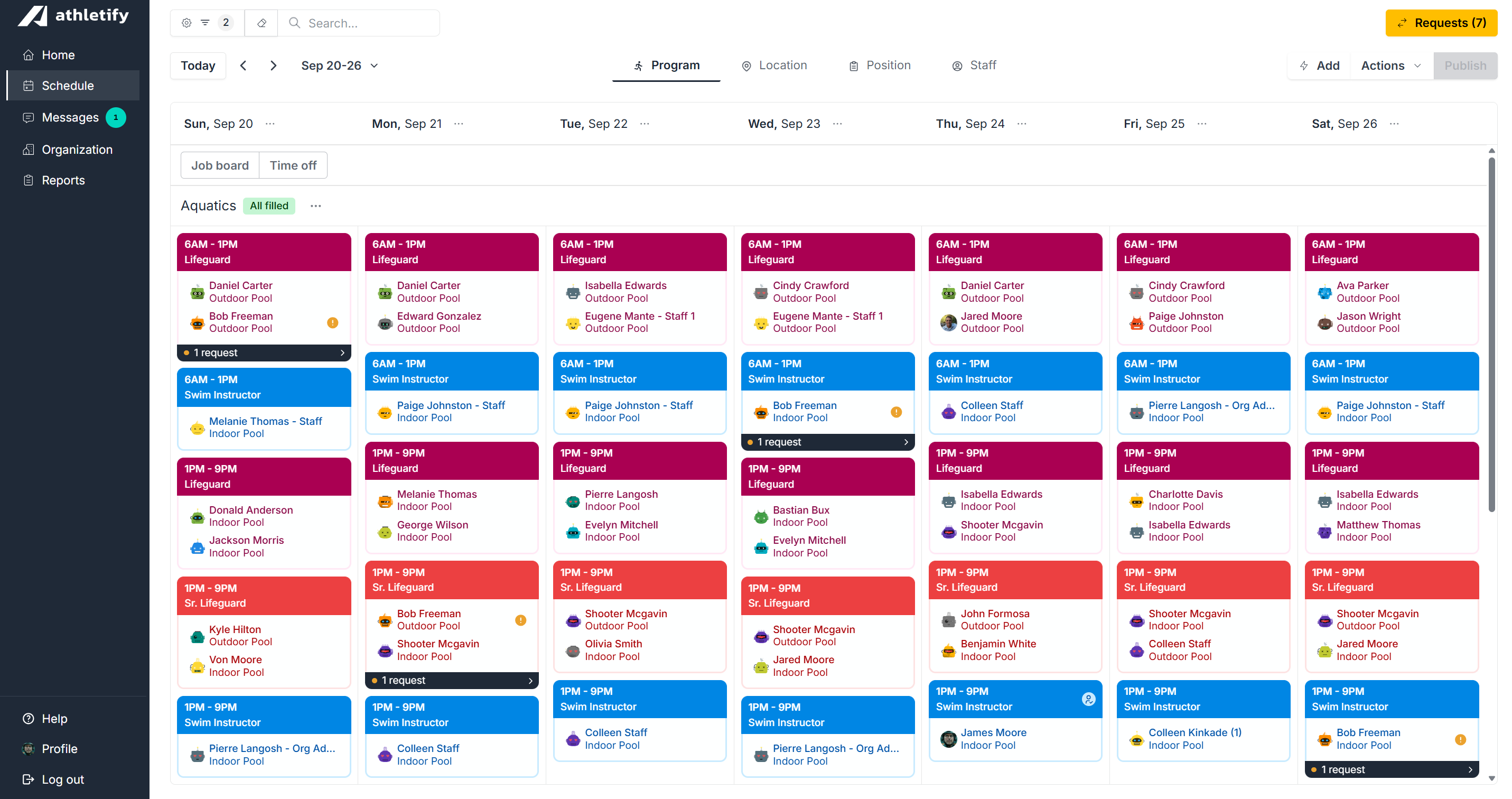 Athletify aquatics schedule view showing staff coverage across a recreation department
