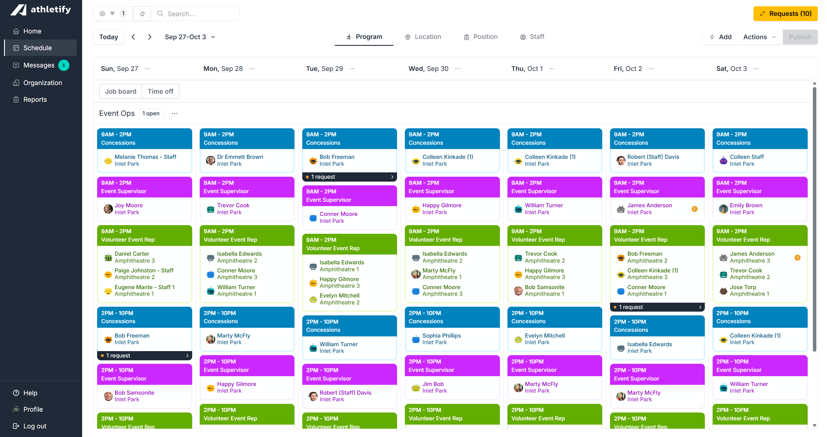 Athletify event operations schedule view showing concessions and supervisor shifts