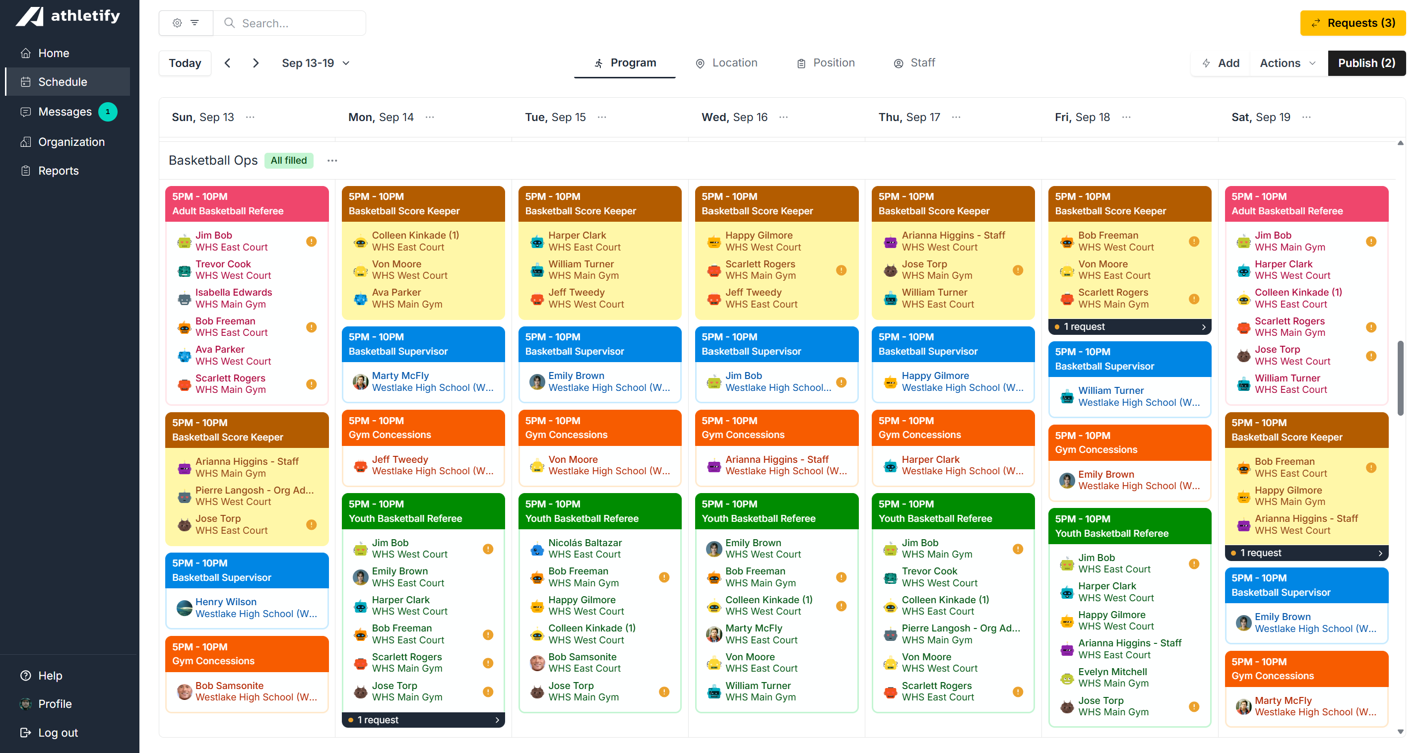 Athletify basketball operations schedule view showing referees, scorekeepers, and supervisors