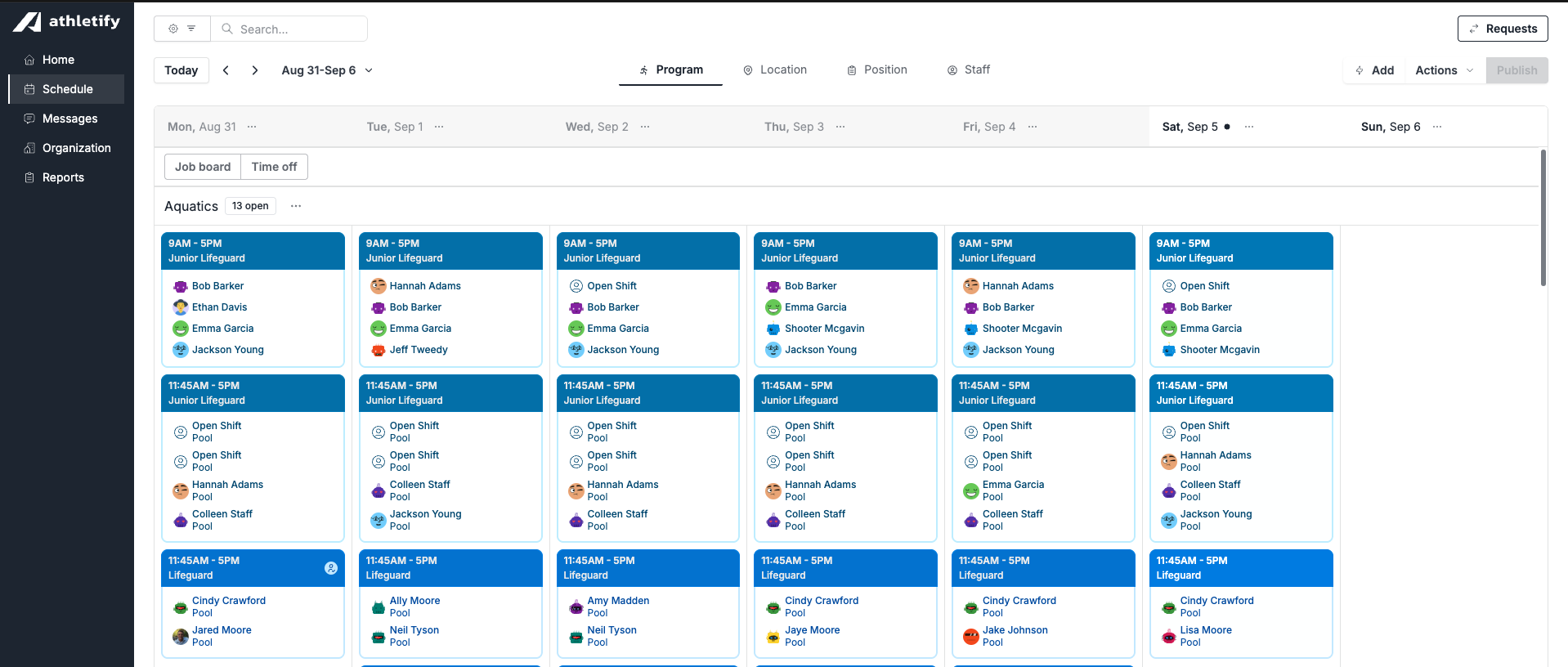Athletify schedule view showing aquatics shifts, open shifts, and staff coverage across multiple days